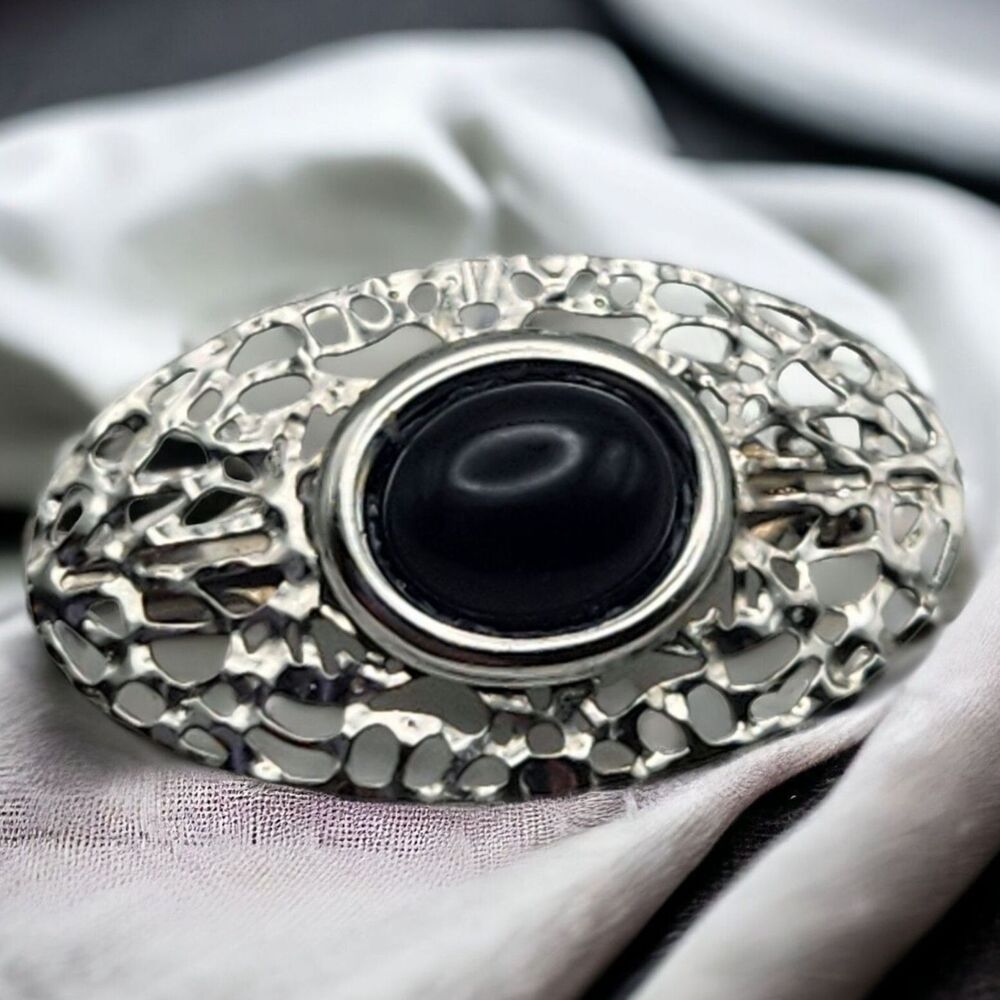 925 Onyx Cabochon Sterling Silver Oval Brooch 1.25"x.75" Open Work Tests Genuine